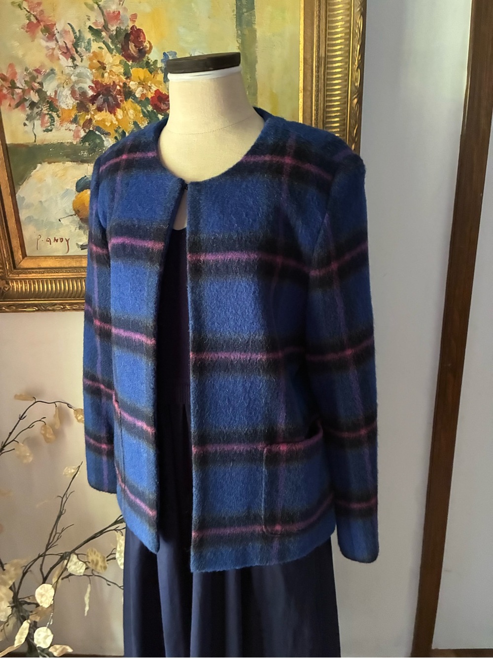 Vintage 90s blue and pink plaid wool blend jacket